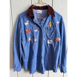 Vintage Embroidered Denim Shirt Women’s Large – Velvet Collar – 90s Cottagecore
